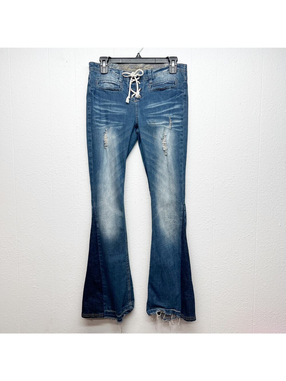 Vintage Y2K Jeans Vanilla Star Low Rise Lace Up Waist Flared Leg Sz 7 Distressed - Picture 2 of 14